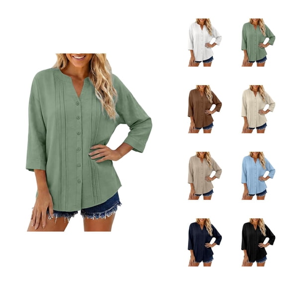 3/4 Length Sleeve Womens Tops Cotton Linen V Neck Button Up Pleated Relaxed Fit Dressy Casual Office Work T Shirts