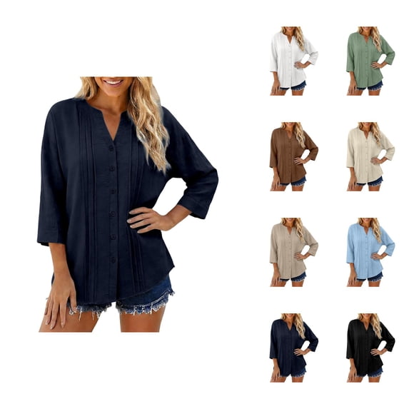 3/4 Length Sleeve Womens Tops Cotton Linen V Neck Button Up Pleated Relaxed Fit Dressy Casual Office Work T Shirts