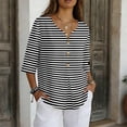 thumbnail image 1 of 3/4 Length Sleeve Womens Tops Cotton Linen V Neck Striped T Shirts Summer Beach Casual Boho Three Quarter Sleeve Tops #01Black S, 1 of 7