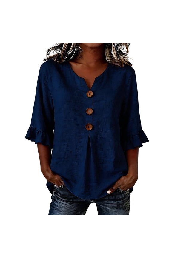 3/4 Length Sleeve Womens Tops Cotton Linen V Neck T Shirts Summer Beach Casual Boho Ruffle Three Quarter Sleeve Tops Boho Blouses Peasant Henley Shirts Summer Beach Vacation Loose Casual Button Top