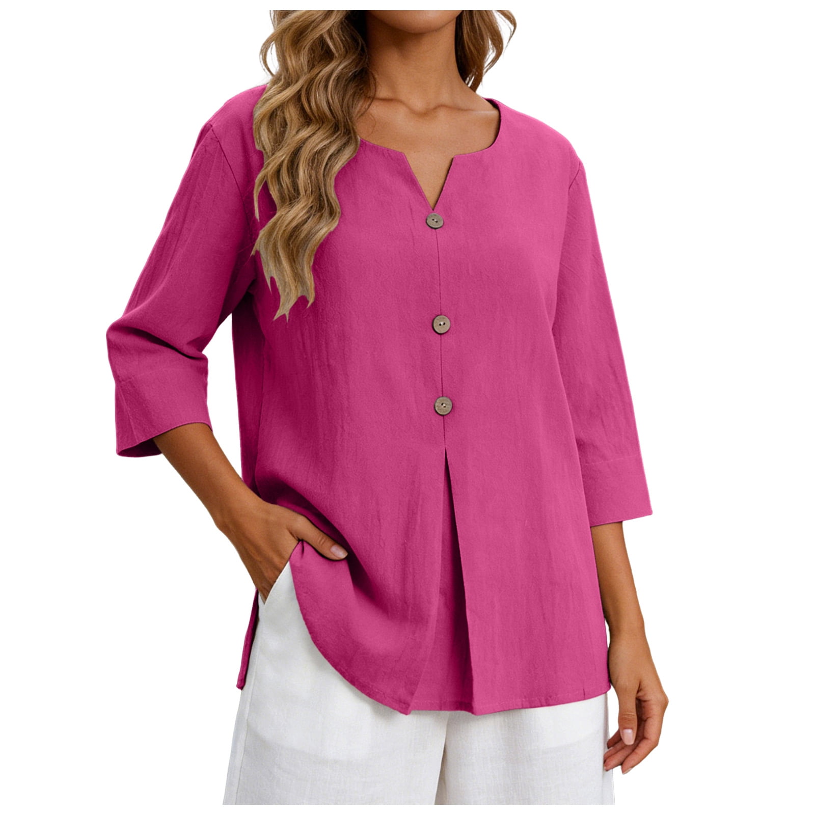 3/4 Length Sleeve Womens Tops Cotton Linen V Neck T Shirts Summer Beach ...