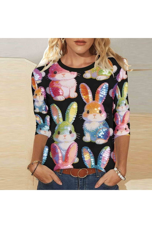 3/4 Length Sleeve Womens Tops Cotton Oversized Crewneck Easter Printed Short Sleeve T Shirts Summer Casual Round Neck Plus Size Loose Comfy Going Out Tee Shirt