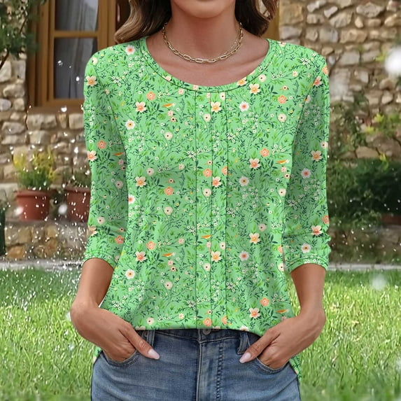 3/4 Length Sleeve Womens Tops Cotton Oversized Crewneck Three Quarter Sleeve T Shirts Summer Casual Floral Print Plus Size Round Neck Loose Comfy Short Sleeve Tee Shirt