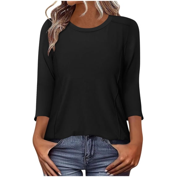 3/4 Length Sleeve Womens Tops Crew Neck Dressy Casual Blouses Loose Fit Cozy Daily Pleated Shirts for Layering