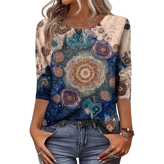 3/4 Length Sleeve Womens Tops Crew Neck Fall Blouses with Mandala Inspired Abstract Pattern Relaxed Fit Fall Tshirts 01-Blue XL