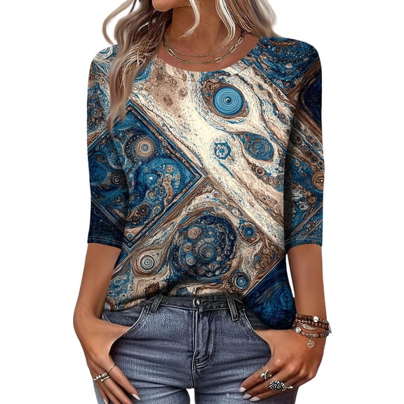 3/4 Length Sleeve Womens Tops Crew Neck Fall Blouses with Mandala Inspired Abstract Pattern Relaxed Fit Fall Tshirts 02-Blue 3XL
