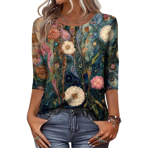 3/4 Length Sleeve Womens Tops Crew Neck Fall Blouses with Mandala Inspired Abstract Pattern Relaxed Fit Fall Tshirts Dark Green XXL