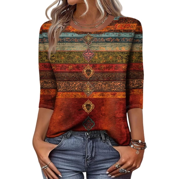 3/4 Length Sleeve Womens Tops Crew Neck Fall Blouses with Mandala Inspired Abstract Pattern Relaxed Fit Fall Tshirts Ginger S