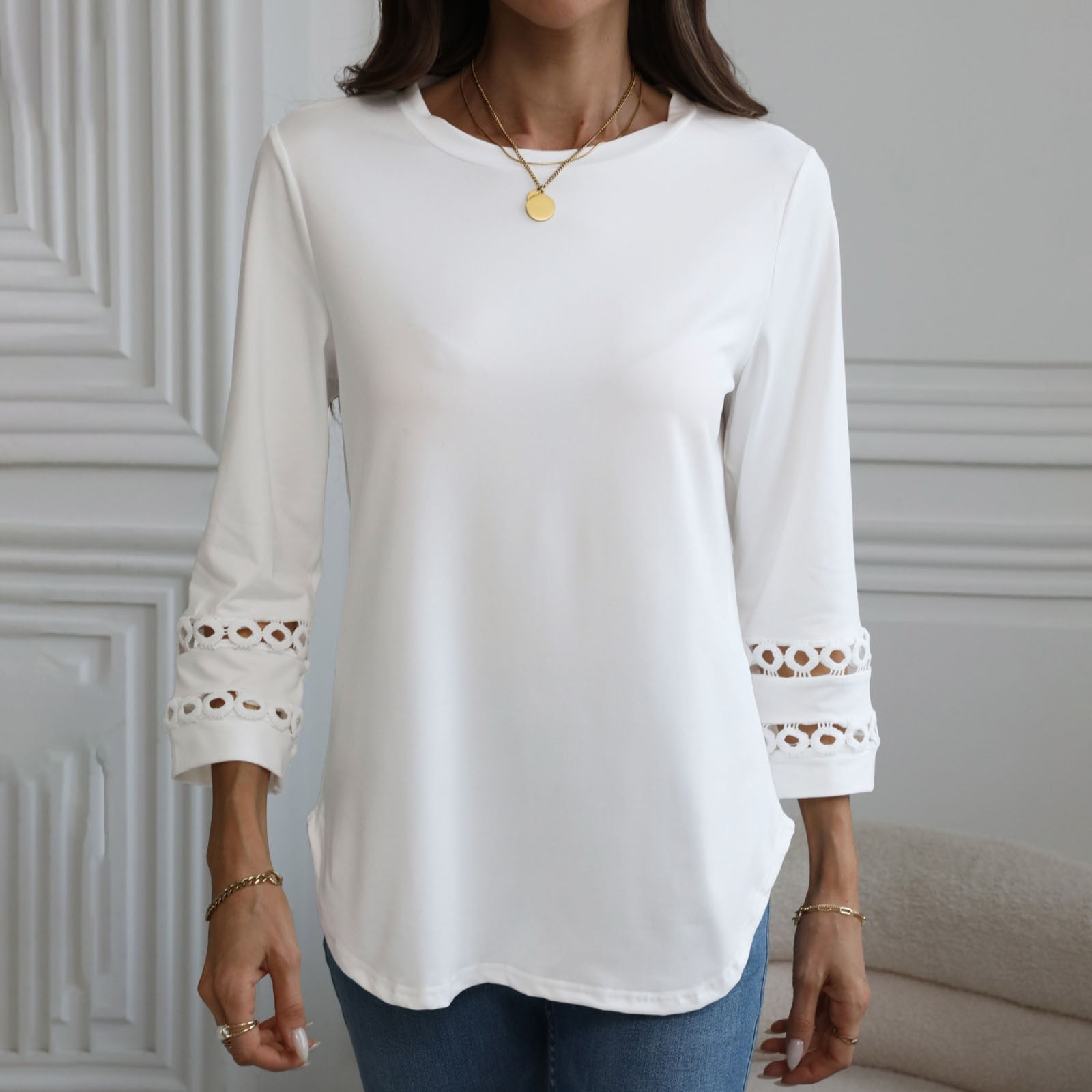 3/4 Length Sleeve Womens Tops Crewneck Lace Tunic Business Casual ...