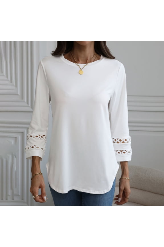 3/4 Length Sleeve Womens Tops Crewneck Lace Tunic Business Casual Dressy Blouses Spring Trendy Clothes Solid Color Shirts Womens Turtleneck Women Petite Woman S Workout Top Tops Loose Short Sleeve for