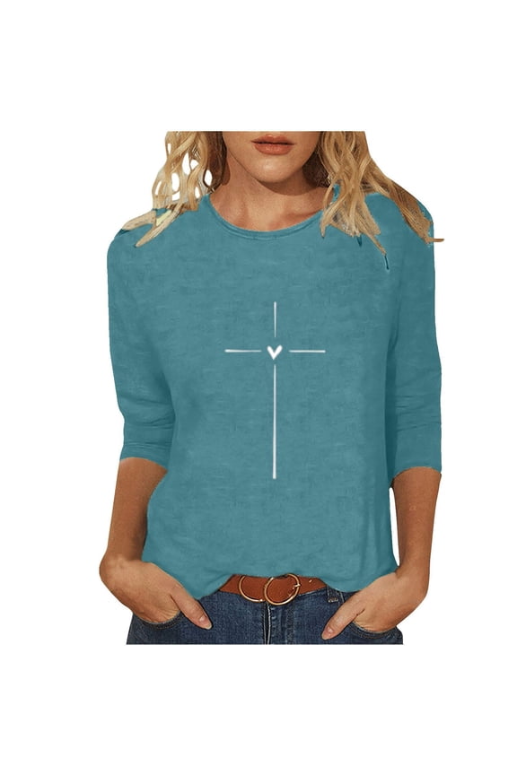 3/4 Length Sleeve Womens Tops Cross Heart Inspirational Religious Christian T-Shirt Funny Print Tees Crewneck Blouse