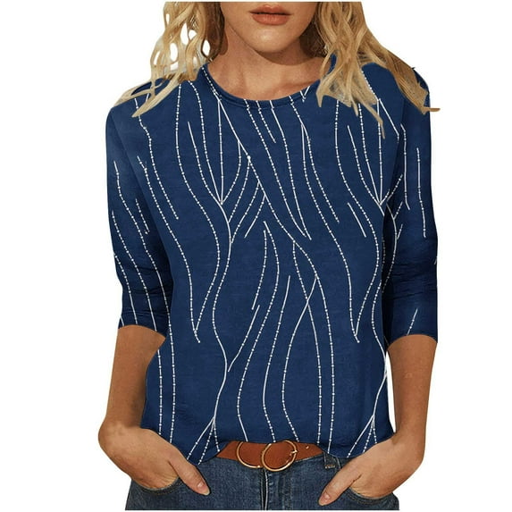 3/4 Length Sleeve Womens Tops Cute Crew Neck Casual Graphic Tunic Tops Basic Pleated Shirts Loose Fit 2025