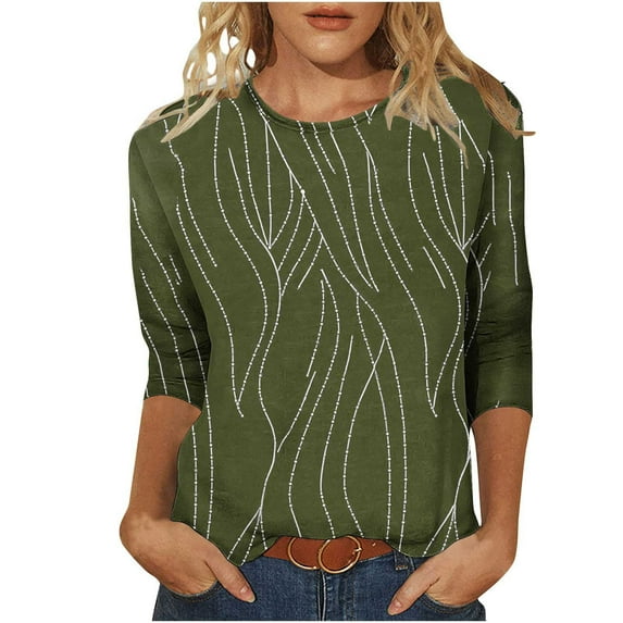 3/4 Length Sleeve Womens Tops Cute Crew Neck Casual Graphic Tunic Tops Basic Pleated Shirts Loose Fit 2025