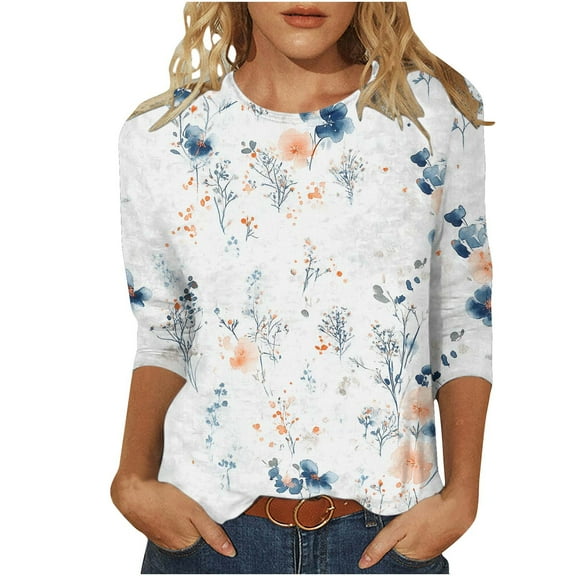 3/4 Length Sleeve Womens Tops Cute Floral Animal Printed Tshirts Casual Crewneck Basic Tees Shirts