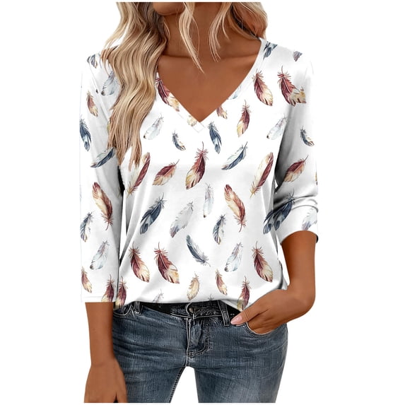 3/4 Length Sleeve Womens Tops Dressy 3/4 Length Sleeve Womens Tops Non Positioning Printed V Neck Shirt Dressy Casual Blouse Basic Tshirts 2026 Fashion Clothing White L