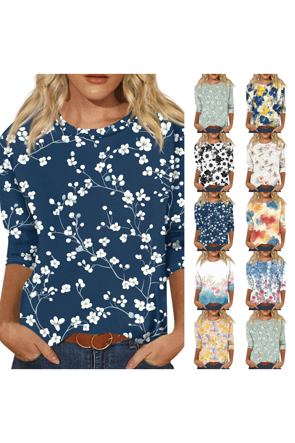 3/4 Length Sleeve Womens Tops Dressy Casual 2026 Round Neck T Shirts Blouses Plus Size Floral Print Summer Business Work Basic Tees Dark Blue 5XL