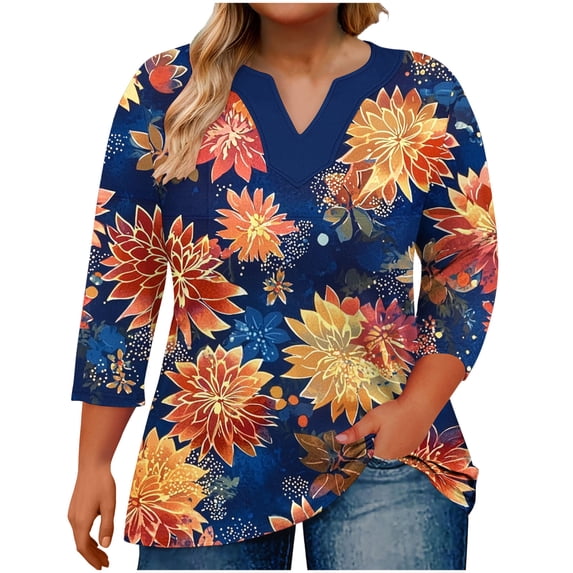 3/4 Length Sleeve Womens Tops Dressy Casual Plus Size Blouses Gradient Large V-neck Three Quarter Sleeve Solid Color (Size:L-5XL)