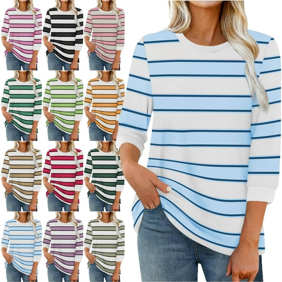 3/4 Length Sleeve Womens Tops Dressy Casual Shirts Stripe Print Color Fasion Crew Neck Trendy Round Neck Pullover Summer Blouses for Women High Mood Heat Style