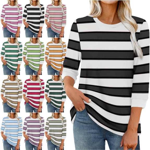 3/4 Length Sleeve Womens Tops Dressy Casual Shirts Stripe Print Color Fasion Crew Neck Trendy Round Neck Pullover Summer Blouses for Women High Mood Heat Style