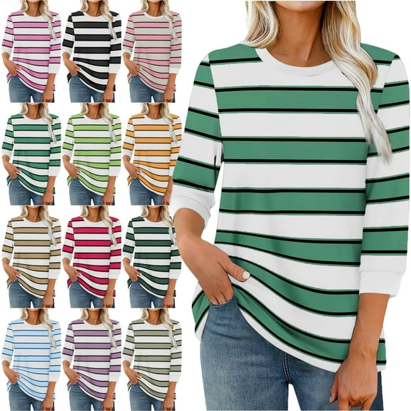 3/4 Length Sleeve Womens Tops Dressy Casual Shirts Stripe Print Color Fasion Crew Neck Trendy Round Neck Pullover Summer Blouses for Women High Mood Heat Style