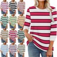 thumbnail image 1 of 3/4 Length Sleeve Womens Tops Dressy Casual Shirts Stripe Print Color Fasion Crew Neck Trendy Round Neck Pullover Summer Blouses for Women High Mood Heat Style, 1 of 6
