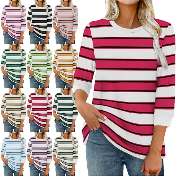 3/4 Length Sleeve Womens Tops Dressy Casual Shirts Stripe Print Color Fasion Crew Neck Trendy Round Neck Pullover Summer Blouses for Women High Mood Heat Style