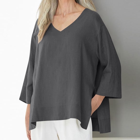 3/4 Length Sleeve Womens Tops Dressy Casual Solid Color V-neck Gray Blouse Flowy Shirts S-3XL