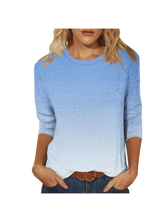 3/4 Length Sleeve Womens Tops Dressy Casual Summer Round Neck Loose Fit Casual Trendy Gradient Eyelet Shirts