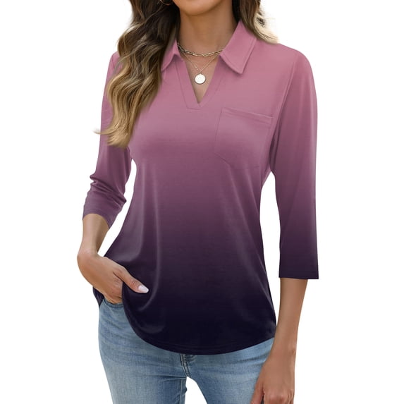 3/4 Length Sleeve Womens Tops Dressy Casual V Neck Gradient Polo Shirts Business Work Blouses 2026 Trendy Tunic Top Dark Purple L
