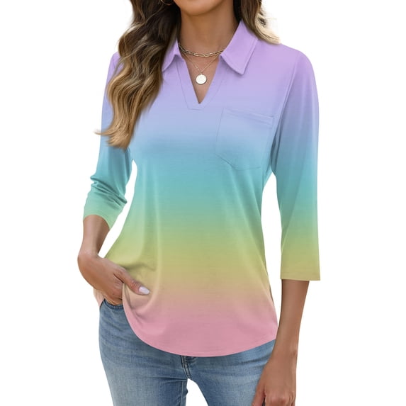 3/4 Length Sleeve Womens Tops Dressy Casual V Neck Gradient Polo Shirts Business Work Blouses 2026 Trendy Tunic Top Light Blue XL
