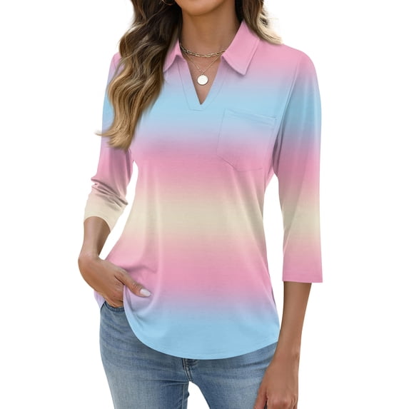 3/4 Length Sleeve Womens Tops Dressy Casual V Neck Gradient Polo Shirts Business Work Blouses 2026 Trendy Tunic Top Light pink S