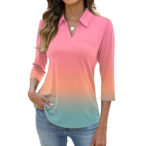 3/4 Length Sleeve Womens Tops Dressy Casual V Neck Gradient Polo Shirts Business Work Blouses 2026 Trendy Tunic Top Pink 3XL