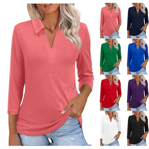 3/4 Length Sleeve Womens Tops Dressy Casual V Neck Polo Shirts Business Work Blouses 2025 Trendy Tunic Top Pink XL