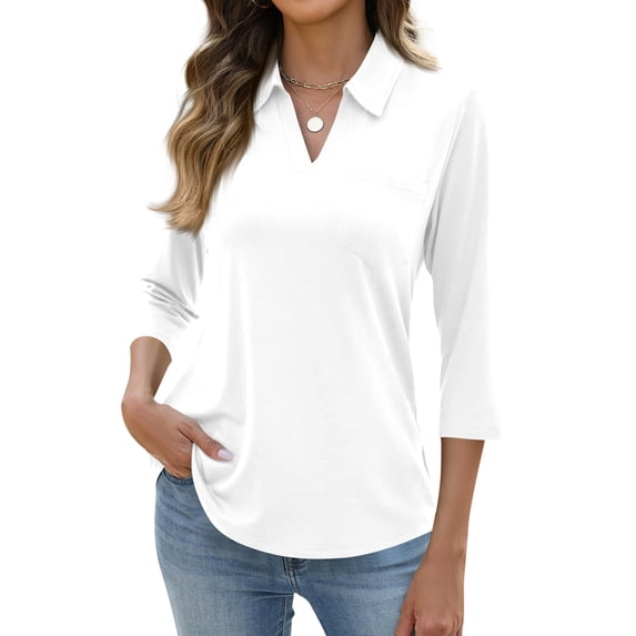 3/4 Length Sleeve Womens Tops Dressy Casual V Neck Polo Shirts Business Work Blouses 2026 Summer Trendy Basic Tees White 2XL