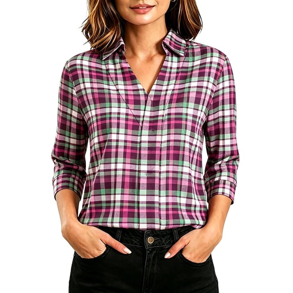 3/4 Length Sleeve Womens Tops Dressy V Neck Collared Shirts Business Casual Work Blouses Summer Vacation Hot Pink XL(XL)
