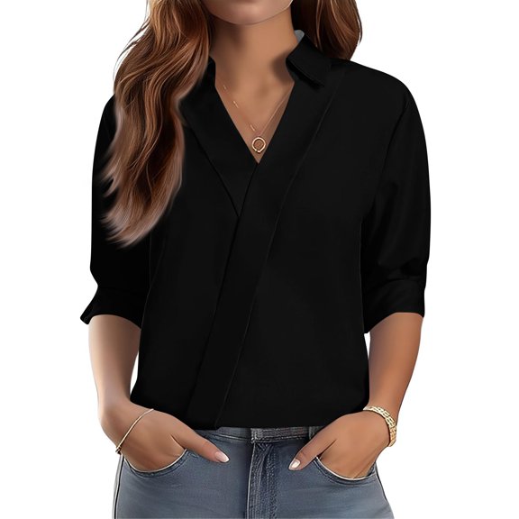 3/4 Length Sleeve Womens Tops Dressy V Neck Collared Shirts Trendy Business Casual Work Blouses Vacation Outfits 2026 Black M