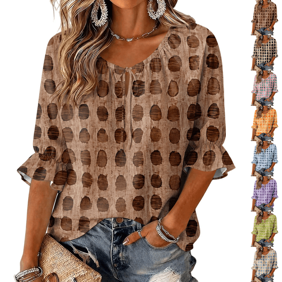 3/4 Length Sleeve Womens Tops Fall Loose Work Puffy Sleeves Blouses Summer Elegant Casual Loose Work Plus Size Flowy Ruffle Fashion Office Dress Shirt