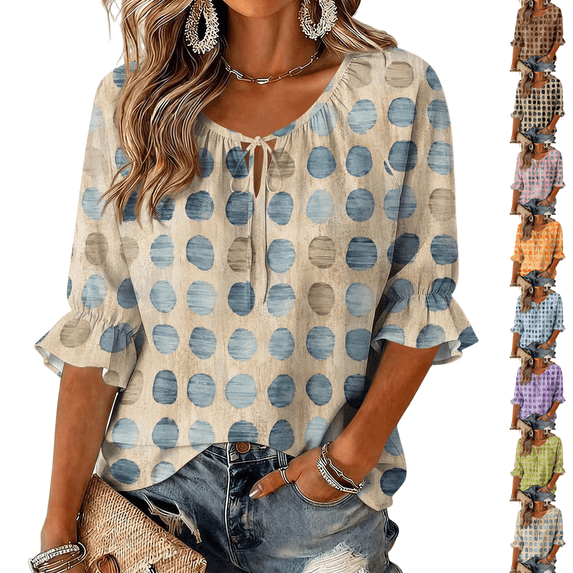 3/4 Length Sleeve Womens Tops Fall Loose Work Puffy Sleeves Blouses Summer Elegant Casual Loose Work Plus Size Flowy Ruffle Fashion Office Dress Shirt