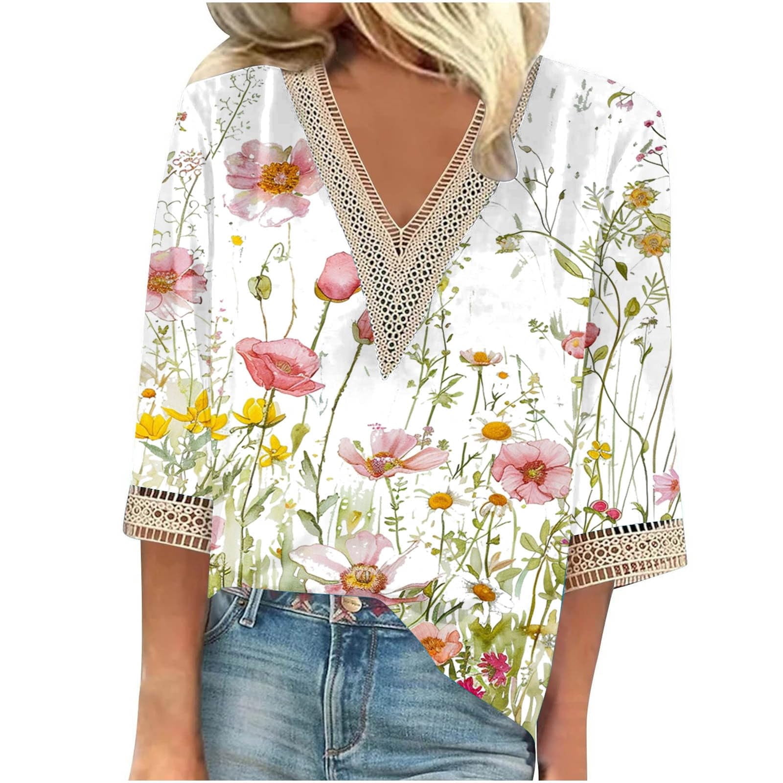 3/4 Length Sleeve Womens Tops Fashion Casual Floral Print Shirts Trendy ...