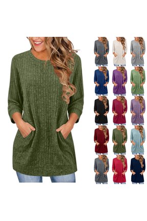 3/4 Length Sleeve Womens Tops Fashion Casual Solid Color Round Neck Elbow Sleeve Marled Rib Knit Tunic T-shirt Top Blouse with Side Pockets