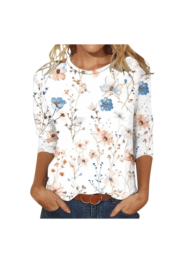 3/4 Length Sleeve Womens Tops Fashion Fall Casual Crew Neck Shirts Floral Print Loose Ladies Tops and Blouses Fall Winter White T Shirts Casual Going Out Tops for Women