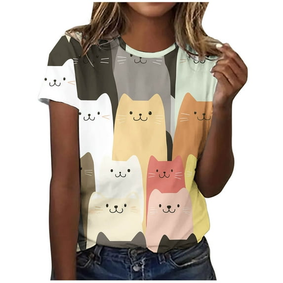 3/4 Length Sleeve Womens Tops Fashion Summer Blouses for Women Dressy Casual Crewneck Tunic Tees Cute Cat Graphic T-Shirts Teen Girls Trendy Going Out Spring Shirts Beach Vacation Clothes