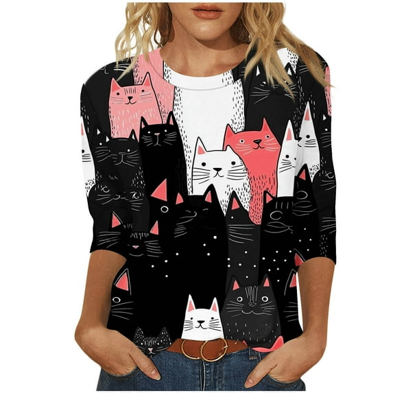 3/4 Length Sleeve Womens Tops Fashion Summer Blouses for Women Dressy Casual Crewneck Tunic Tees Cute Cat Graphic T-Shirts Teen Girls Trendy Going Out Spring Shirts Beach Vacation Clothes