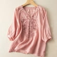 thumbnail image 1 of 3/4 Length Sleeve Womens Tops Floral Embroidery Linen Shirts V-Neck Tunic Tops Summer Casual Loose Blouses Pink L, 1 of 3