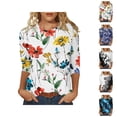 thumbnail image 1 of 3/4 Length Sleeve Womens Tops Floral Print Crewneck Loose Fit Dressy Casual Shirts Spring Summer Blouse Going out Top, 1 of 6