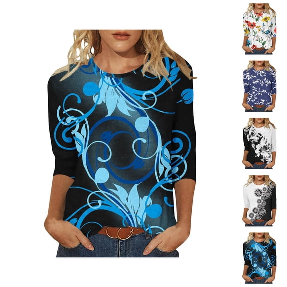 3/4 Length Sleeve Womens Tops Floral Print Crewneck Loose Fit Dressy Casual Shirts Spring Summer Blouse Going out Top