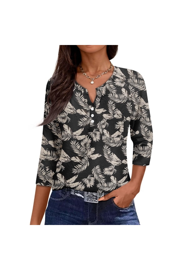 3/4 Length Sleeve Womens Tops Henley Neck Button Down 3/4 Sleeve T Shirts Casual Loose Fit Half Sleeve Tunic Tops