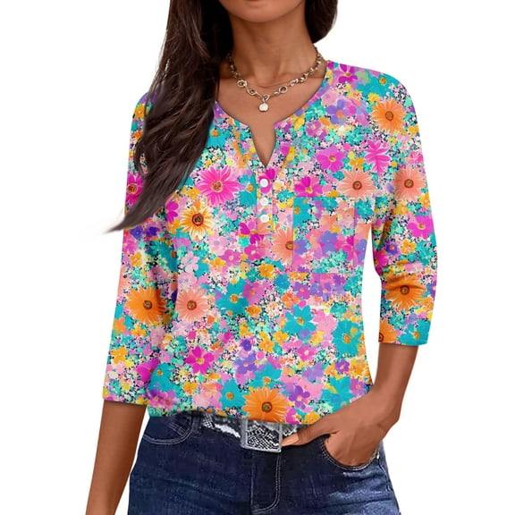 3/4 Length Sleeve Womens Tops Henley Neck Button Down 3/4 Sleeve T Shirts Casual Loose Fit Half Sleeve Tunic Tops