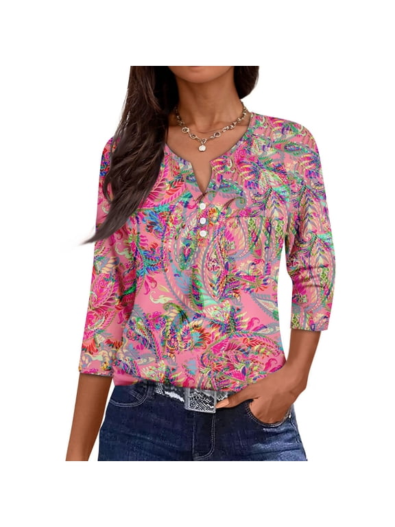 3/4 Length Sleeve Womens Tops Henley Neck Button Down 3/4 Sleeve T Shirts Casual Loose Fit Half Sleeve Tunic Tops