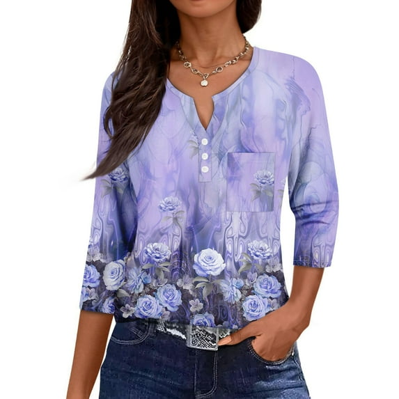 3/4 Length Sleeve Womens Tops Henley V Neck 3/4 Sleeve T Shirts Summer Casual Half Sleeve Blouse Tees